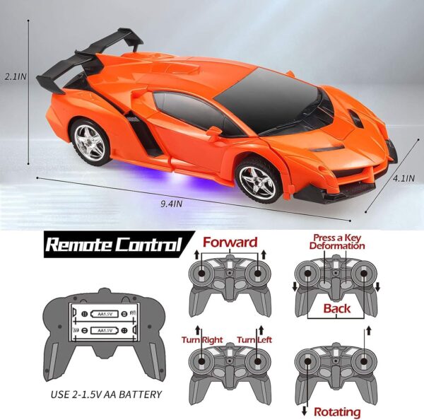 Ynybusi Remote Control Car, Transformation Car Robot Rc Cars for Kids Boys Girls Gift, 2.4G 1:18 Scale Racing Car with One-Button Deformation & 360°Drifting Robot Car Toy- Orange - Image 2